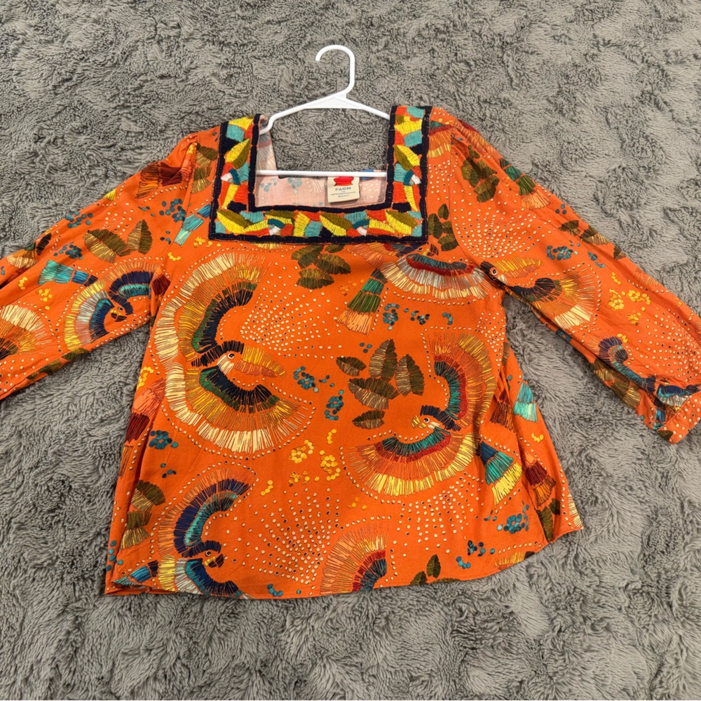 Farm Rio Anthropologie Bianca Blouse Small Orange